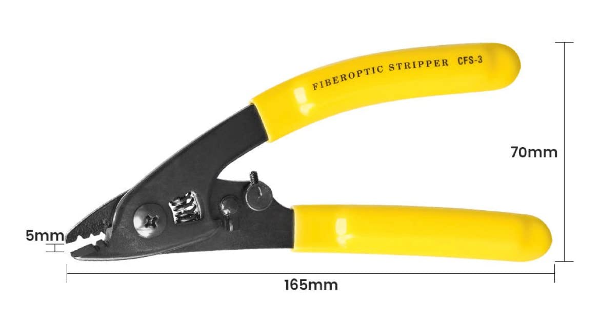 Experience precision in optical fiber work with the Fiber Optic Three Hole Pigtail Pliers from FIBAsource Ltd. These pliers feature a yellow handle and measure 165mm in length, with a handle width of 70mm and a tip width of 5mm, providing the finesse you expect from quality fiber stripping tools.