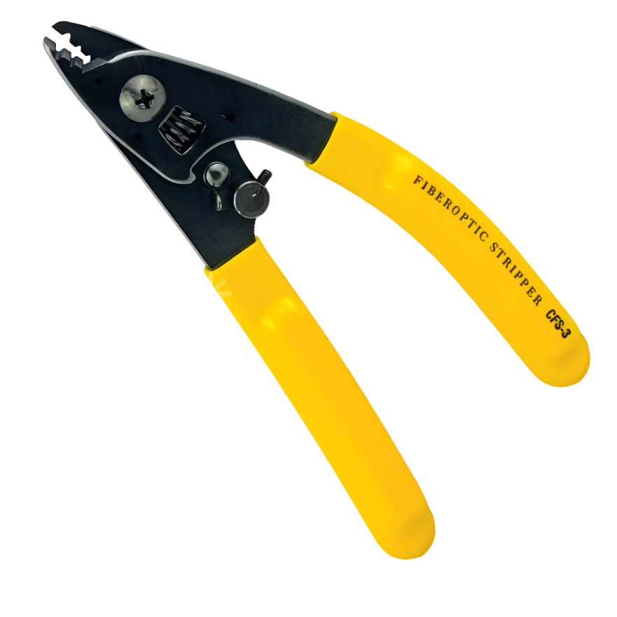 Introducing the Fibre Optic Three Hole Pigtail Pliers from FIBAsource Ltd—featuring yellow handles and durable black metal jaws. These pliers are perfect for stripping optical fibre cables, and come conveniently labeled as FIBEROPTIC STRIPPER CFS-3 on one handle to enhance precision and simplify your fiber projects.