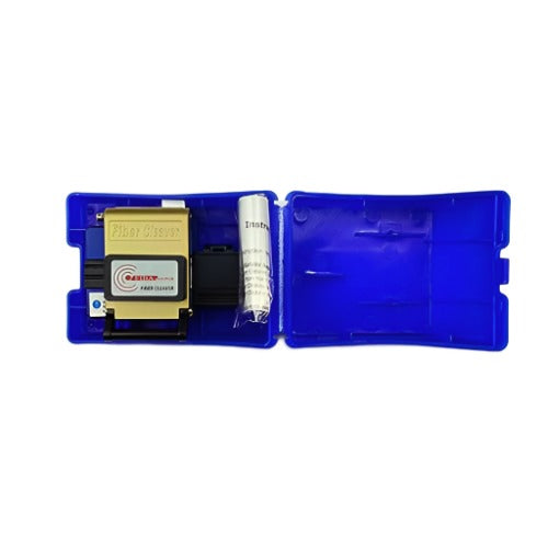 A blue plastic case from FIBAsource Ltd opens to reveal a brass-colored Fibre Optic Cleaver, featuring two options—Catcher and Plastic Protective Case/Nylon Case—and a roll of fiber protection sleeves. This precise tool is designed for durability with its blade rotation feature. Each item is neatly arranged in its own compartment, making it ideal for fiber optic cable work.