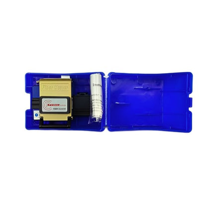 A blue plastic case from FIBAsource Ltd opens to reveal a brass-colored Fibre Optic Cleaver, featuring two options—Catcher and Plastic Protective Case/Nylon Case—and a roll of fiber protection sleeves. This precise tool is designed for durability with its blade rotation feature. Each item is neatly arranged in its own compartment, making it ideal for fiber optic cable work.