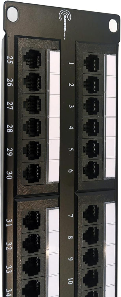 The FIBAsource Ltd 48 Port Cat6 Patch Panel offers a sophisticated black design and multiple RJ45 Ethernet ports specifically engineered for 10G Ethernet connectivity. The upper half of the panel features ports numbered from 1 to 12, and the lower half contains ports numbered from 25 to 36, with convenient blank labeling areas for simple identification and organization.