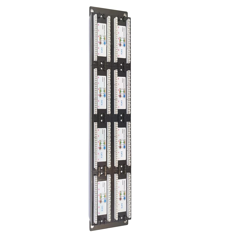 A close-up view of the 48 Port Cat6 Patch Panel FIBAsource by FIBAsource Ltd, featuring color-coded labels and neatly organized rows of connectors, ideal for connecting and managing 10G Ethernet cables effectively.