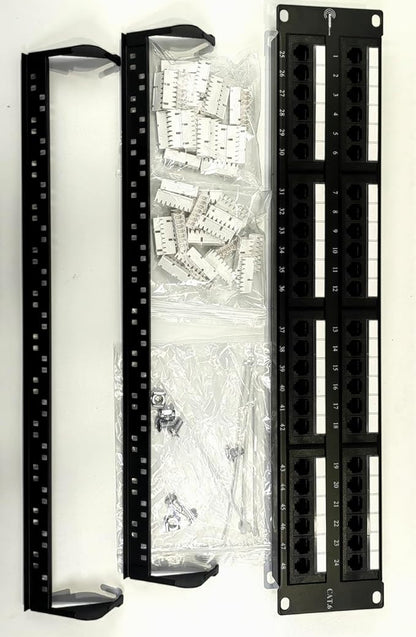 A 48 Port Cat6 Patch Panel FIBAsource from FIBAsource Ltd, in black, is set against a white background. Designed for 10G Ethernet connections, accessories like cable ties and screws are neatly arranged in plastic packaging next to it.