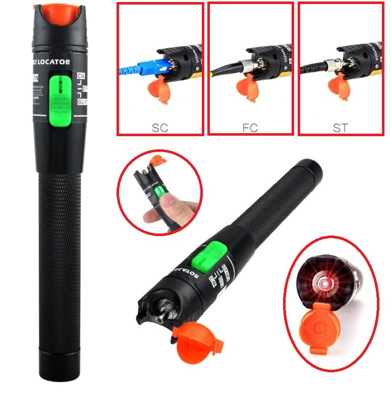 30mW Visual Fault Locator for identifying breaks and bends in fibre optic cables, available at FIBAsource. Functions