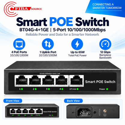 5 Port Smart POE Switch, 10/100/1000, BT04G-4+1GE