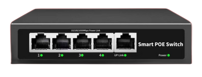 The black 5 Port Smart POE Switch, model BT04G-4+1GE from FIBAsource Ltd, includes five Ethernet RJ45 ports labeled 1 to 4 and UP Link. Active connections are indicated by green LED lights. The front panel highlights high-speed Ethernet switching capabilities with support for 10/100/1000Mbps Power Link as well as Smart PoE power supply functionality.