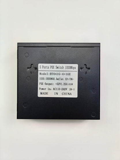A black 5 Port Smart POE Switch with RJ45 ports, featuring a white label displaying technical specifications. Model BT04G-4+1GE from FIBAsource Ltd supports high-speed Ethernet switching and IEEE 802.3 af/at standards, offering a PSE output of +52V1.25A 65W and accepting power input ranging from AC110-240V 24-1. Made in China.