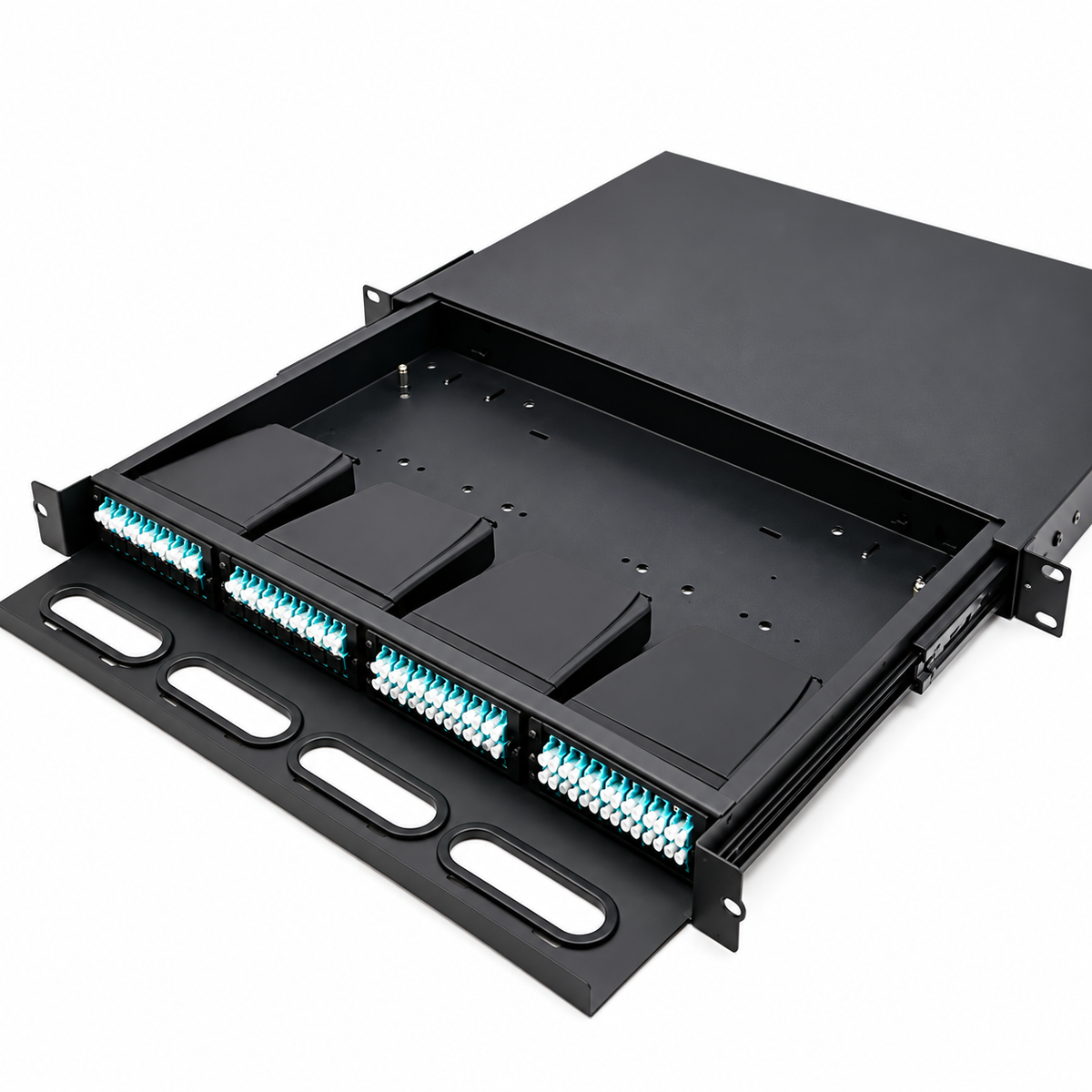 FIBAsource 1U 96 Core MPO/MTP Fibre Patch Panel — LC OM4 Duplex, Sliding Drawer, Modular Cassette Design