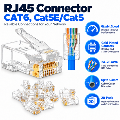 RJ45 Connector CAT6, Cat5E/Cat5 20 Pack