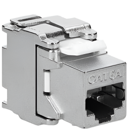 "FIBAsource Cat6A Shielded Keystone Jack, offering 10Gbit Ethernet performance with advanced shielding to minimize signal loss and prevent interference. Durable design ensures long-term reliability, while user-friendly installation makes it ideal for professionals and DIY enthusiasts. Compatible with Cat6A RJ45 Ethernet connections, delivering robust, high-speed network performance."