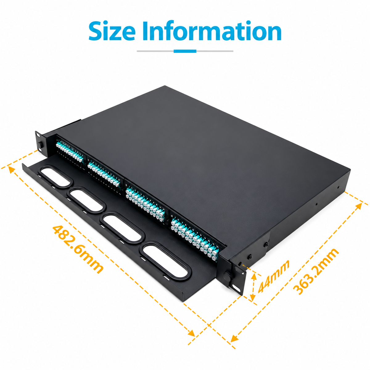 FIBAsource 1U 96 Core MPO/MTP Fibre Patch Panel — LC OM4 Duplex, Sliding Drawer, Modular Cassette Design