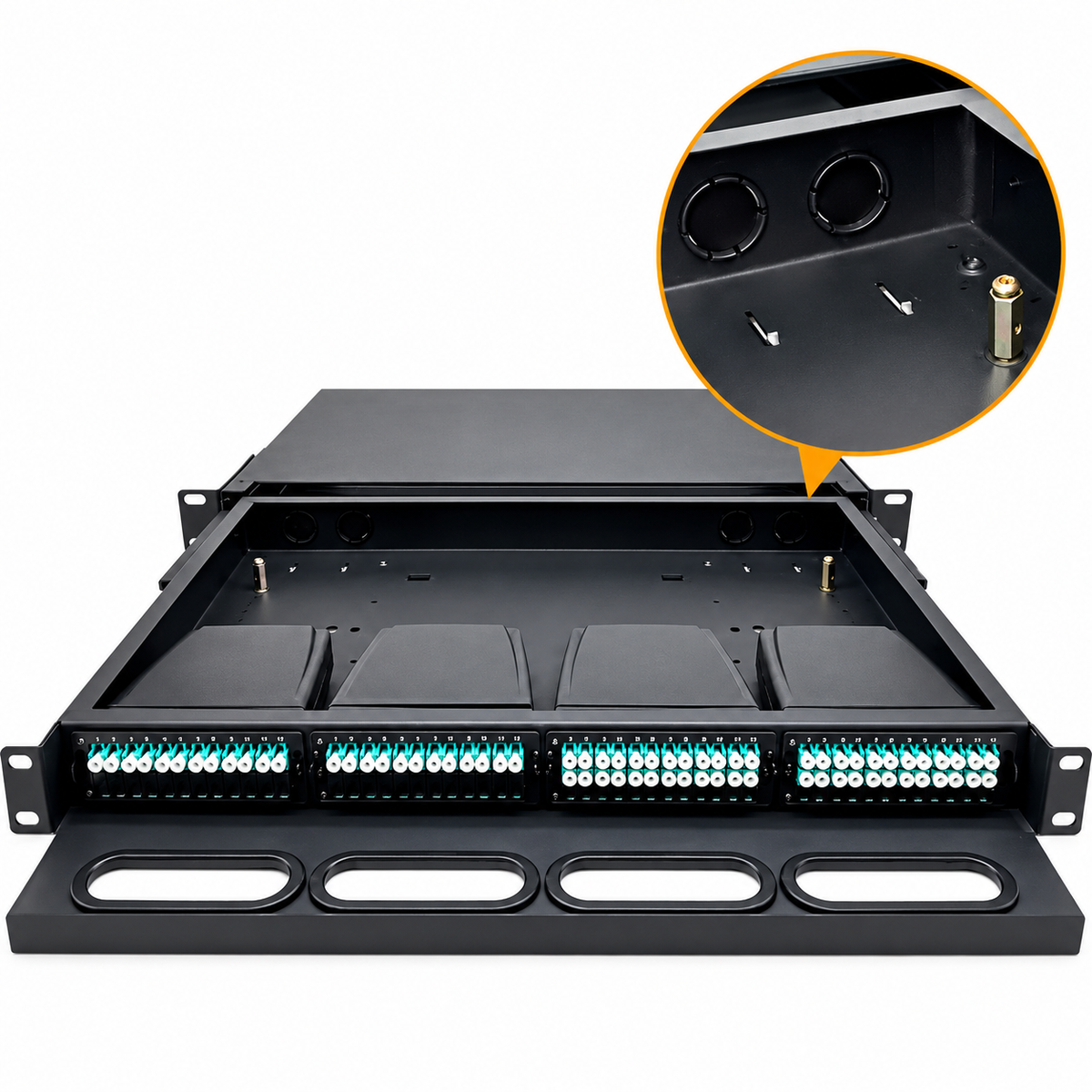 FIBAsource 1U 96 Core MPO/MTP Fibre Patch Panel — LC OM4 Duplex, Sliding Drawer, Modular Cassette Design