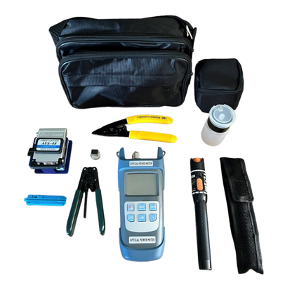 Introducing the 9 in1 Fibre Optic Tool Kit by FIBAsource Ltd, featuring a Fibre Optic Power Meter, Visual Fault Locator, sturdy black carrying case, durable yellow-handled crimping tool, precision blue fiber cleaver, sleek black pen light, and a host of other essential accessories to meet all your installation needs.