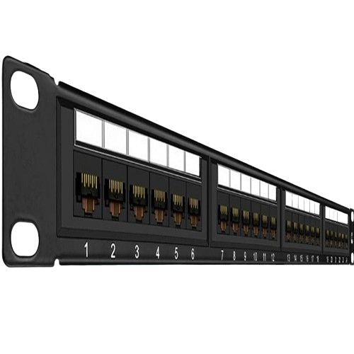 Angled view of the FIBAsource Ltd Cat 6 24 Port Patch Panel with Inline Keystone and 10G support, featuring numbered Ethernet ports. A red number 2 appears in the upper left corner, all displayed on a white background.
