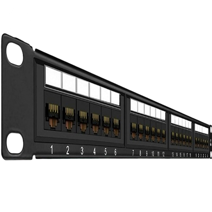 Angled view of the FIBAsource Ltd Cat 6 24 Port Patch Panel with Inline Keystone and 10G support, featuring numbered Ethernet ports. A red number 2 appears in the upper left corner, all displayed on a white background.