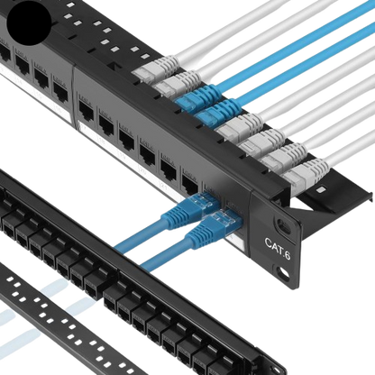 A black FIBAsource Ltd Cat 6 24 Port Patch Panel with 10G support and inline keystone shows organized white and blue cables plugged in. A red circle with the number 1 appears in the top left corner.