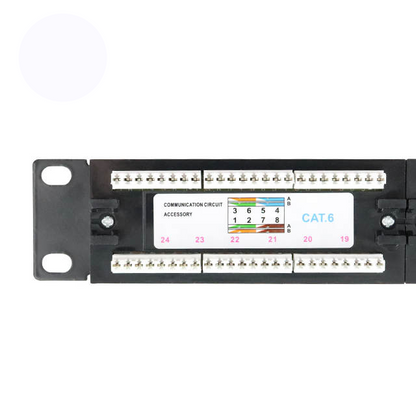 A black FIBAsource Ltd Cat 6 24 Port Patch Panel (10G, Inline Keystone) with numbered ports, color-coded wiring diagram, toolless termination, white labels; a circled red number 2 is in the top left corner.
