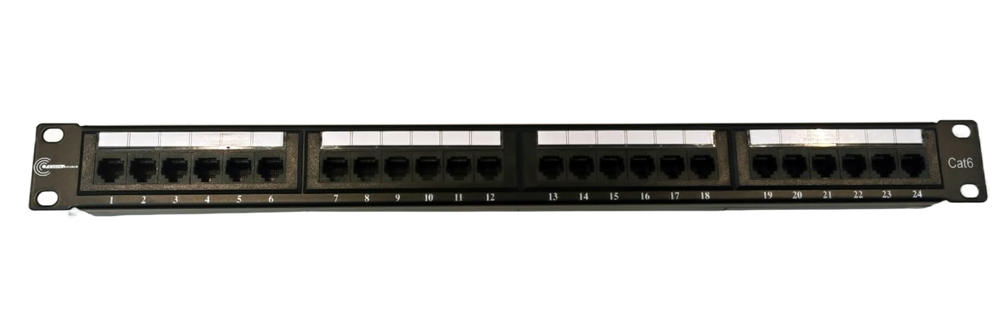 The FIBAsource Ltd. Patch Panel 24 Port, 10G Support, 19-Inch, Punch Down features numbered ports and white labeling spaces on a black panel shown against a white background.