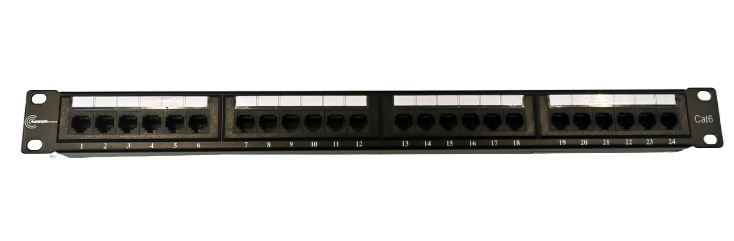 The FIBAsource Ltd. Patch Panel 24 Port, 10G Support, 19-Inch, Punch Down features numbered ports and white labeling spaces on a black panel shown against a white background.