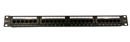 The FIBAsource Ltd. Patch Panel 24 Port, 10G Support, 19-Inch, Punch Down features numbered ports and white labeling spaces on a black panel shown against a white background.