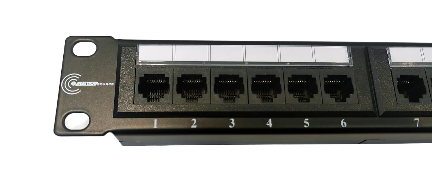 A close-up of a FIBAsource Ltd. Patch Panel 24 Port, 10G Support, 19-Inch, Punch Down features numbered Ethernet ports with a labeling area above, shown mounted on a white background.