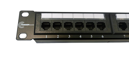 A close-up of a FIBAsource Ltd. Patch Panel 24 Port, 10G Support, 19-Inch, Punch Down features numbered Ethernet ports with a labeling area above, shown mounted on a white background.