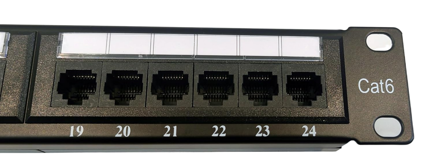 Close-up of the FIBAsource Ltd. Patch Panel 24 Port, 10G Support, 19-Inch Punch Down; shows Ethernet ports labeled 19-24 with blank white labels—ideal for high-speed connections.