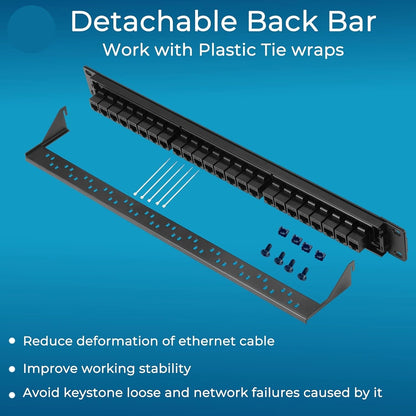 The FIBAsource Ltd Cat 6 24 Port Patch Panel features a detachable back bar, labeled ports, screws, and zip ties for stable 10G support, reduced deformation, and prevention of loose inline keystone/network failures.