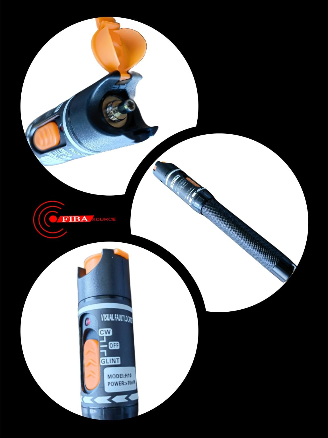 Collage depicting a black and orange visual fault locator. The upper image showcases the open cap and fiber connector, while the left image emphasizes control buttons, part of a detailed 9 in1 Fibre Optic Tool Kit. On the right is a full view of the handheld pen-style device. The FIBAsource Ltd logo is prominently displayed.