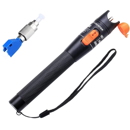 Introducing the FIBAsource Ltd 10KM Visual Fault Locator and Universal Connector, a black fiber optic cable tester featuring an orange button and wrist strap, complete with measurement markings on the side. Perfect for fiber optic testing and fault detection, it includes a blue and silver connector on the left.