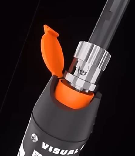 Close-up of a 10KM Visual Fault Locator and Universal Connector by FIBAsource Ltd, featuring a black and orange design with an open cap on the orange section. The silver metallic part accommodates the fiber connection point, enhancing fault detection. A black cable extends from the device.