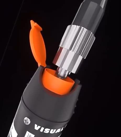 A close-up of the FIBAsource Ltd 10KM Visual Fault Locator and Universal Connector reveals an open orange cap atop a sleek black body. The metallic tip is exposed, engineered for precise fault detection and inspection in fiber optic testing. The elegant black background accentuates the tool's robust design.