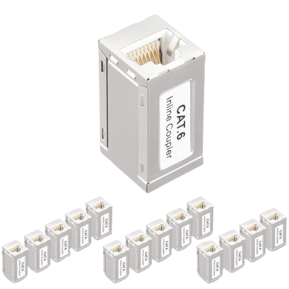 Image of a silver RJ45 Coupler Shielded Inline Adapter from FIBAsource Ltd alongside multiple identical adapters arranged below, each with a label indicating their type. This pack of 15 Cat6 Keystone Couplers supports 10G speed, ensuring efficient Ethernet connections.