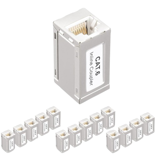 Image of a silver RJ45 Coupler Shielded Inline Adapter from FIBAsource Ltd alongside multiple identical adapters arranged below, each with a label indicating their type. This pack of 15 Cat6 Keystone Couplers supports 10G speed, ensuring efficient Ethernet connections.