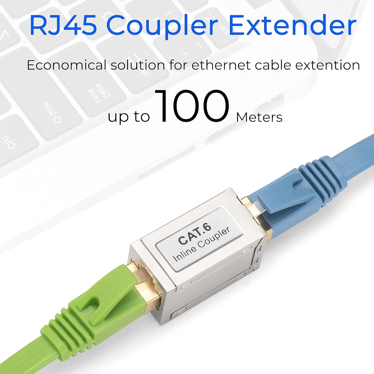 The image showcases a FIBAsource Ltd 15 pack RJ45 Coupler Shielded Inline Adapter, with green and blue Ethernet cables connected. The text emphasizes an economical solution for extending Ethernet cables up to 100 meters, featuring a CAT.6 Inline Coupler that supports 10G speed, set against a backdrop of a partial laptop keyboard.