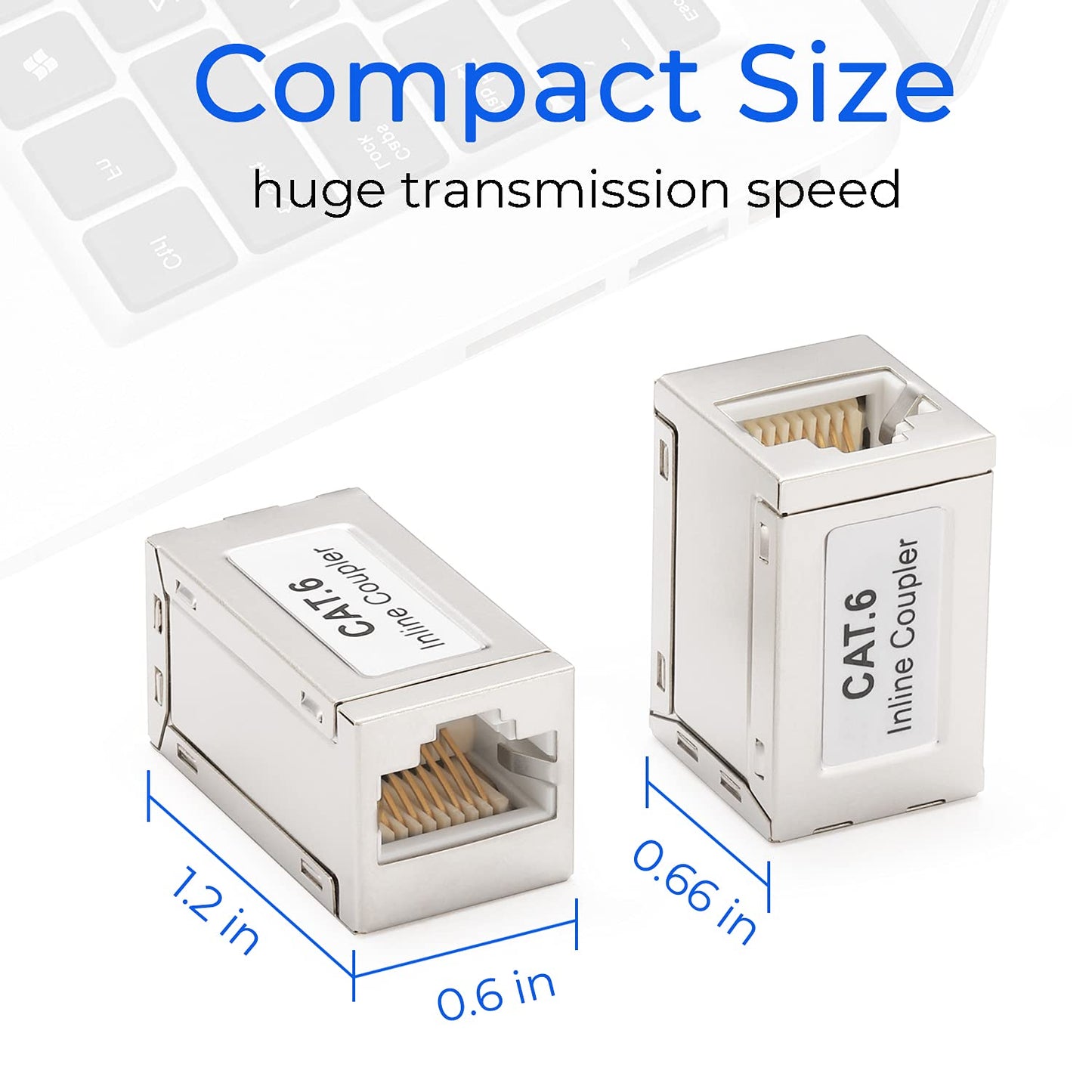 Two metallic RJ45 couplers from the "15 pack RJ45 Coupler Shielded Inline Adapter" by FIBAsource Ltd are displayed with dimensions noted as 1.2 inches by 0.6 inches by 0.66 inches. The text "Compact Size and huge transmission speed" emphasizes their ability to support 10G Speed, set against a background featuring a partially visible keyboard.
