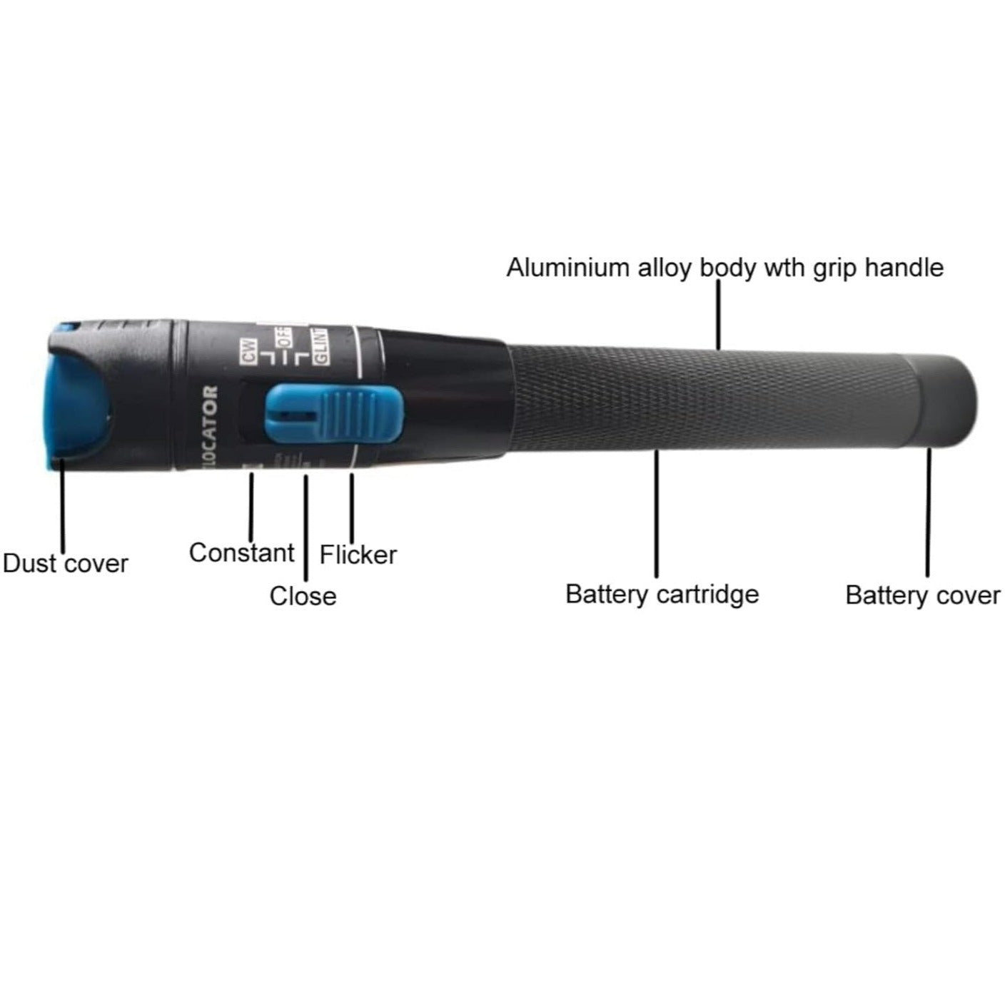 5mW Visual Fault Locator for identifying breaks and bends in fibre optic cables, available at FIBAsource. Detail