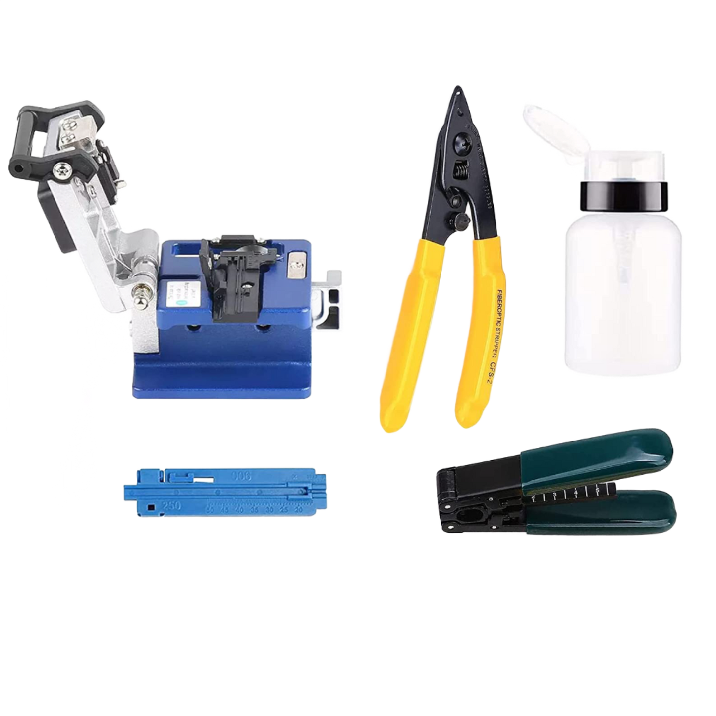 The FIBAsource Optical Fibre Cleaver 6 in 1 Tool Kit from FIBAsource Ltd features a blue cleaver with a tungsten steel blade, yellow-and-black fiber optic strippers, a white plastic bottle, a blue measuring tool, and a green-handled crimping tool, all beautifully arranged on a black background.