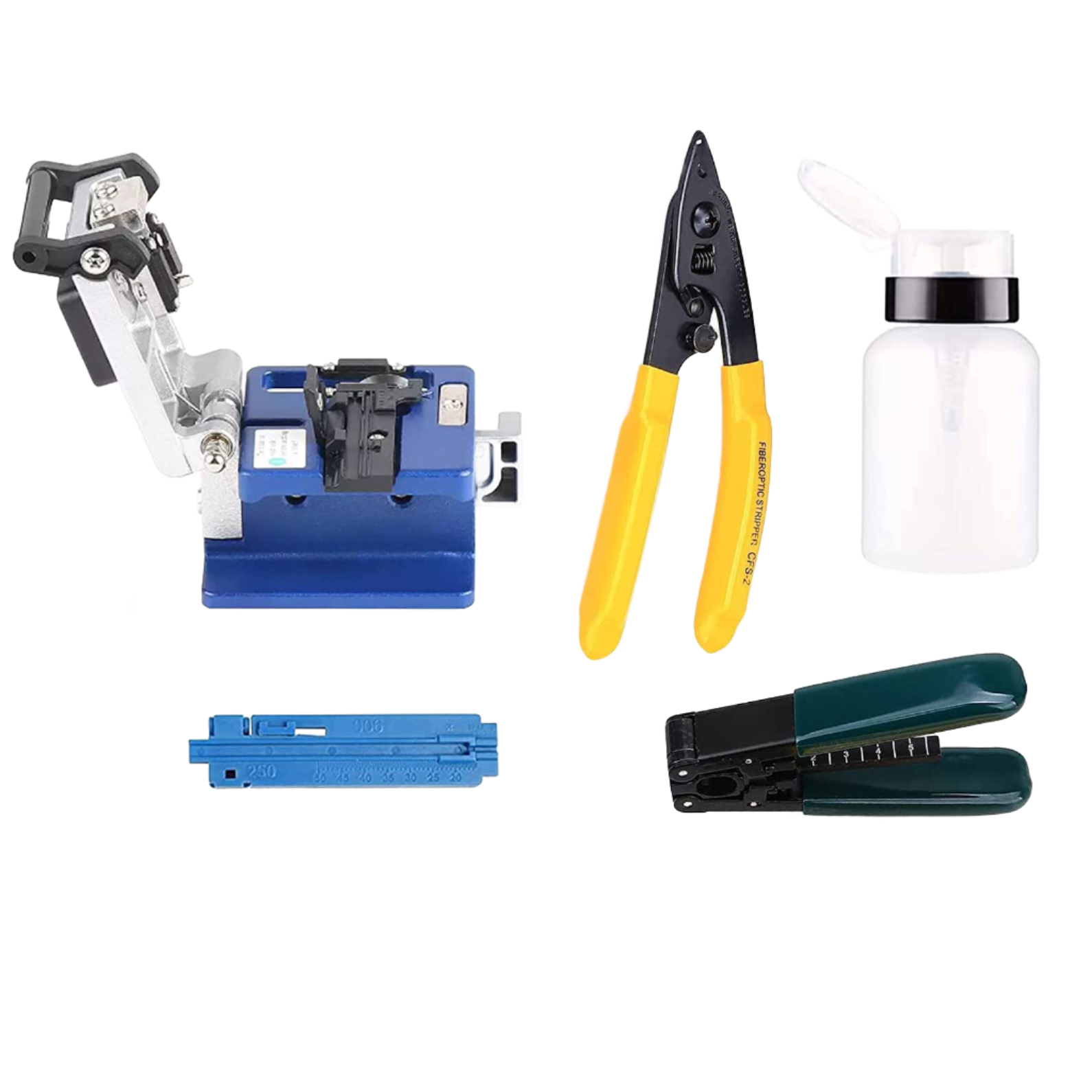 The FIBAsource Optical Fibre Cleaver 6 in 1 Tool Kit from FIBAsource Ltd features a blue cleaver with a tungsten steel blade, yellow-and-black fiber optic strippers, a white plastic bottle, a blue measuring tool, and a green-handled crimping tool, all beautifully arranged on a black background.