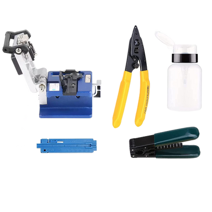 The FIBAsource Optical Fibre Cleaver 6 in 1 Tool Kit from FIBAsource Ltd features a blue cleaver with a tungsten steel blade, yellow-and-black fiber optic strippers, a white plastic bottle, a blue measuring tool, and a green-handled crimping tool, all beautifully arranged on a black background.