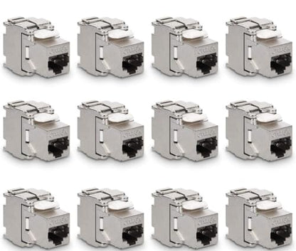 12 FIBAsource Cat6A Shielded Keystone Jack, offering 10Gbit Ethernet performance with advanced shielding to minimize signal loss and prevent interference. Durable design ensures long-term reliability, while user-friendly installation makes it ideal for professionals and DIY enthusiasts. Compatible with Cat6A RJ45 Ethernet connections, delivering robust, high-speed network performance.