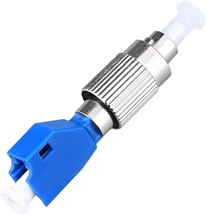 Introducing the FIBAsource FTTH Optical Adapter Coupler by FIBAsource Ltd, featuring a distinctive blue finish and a robust metallic ridged grip. This 2.5mm to 1.25mm FC Male to LC Female connector is perfect for networking or telecommunications applications, ensuring seamless connectivity and reliability in fiber optic communication, making it an exceptional choice for FTTH setups.