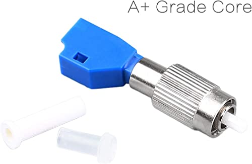 Close-up of a FIBAsource FTTH Optical Adapter Coupler featuring a blue plastic end and a metal ring, typically utilized in FTTH networks. Accompanying the connector are two white protective sleeves and a smaller transparent component. The text "A+ Grade Core" is displayed in the upper right corner.