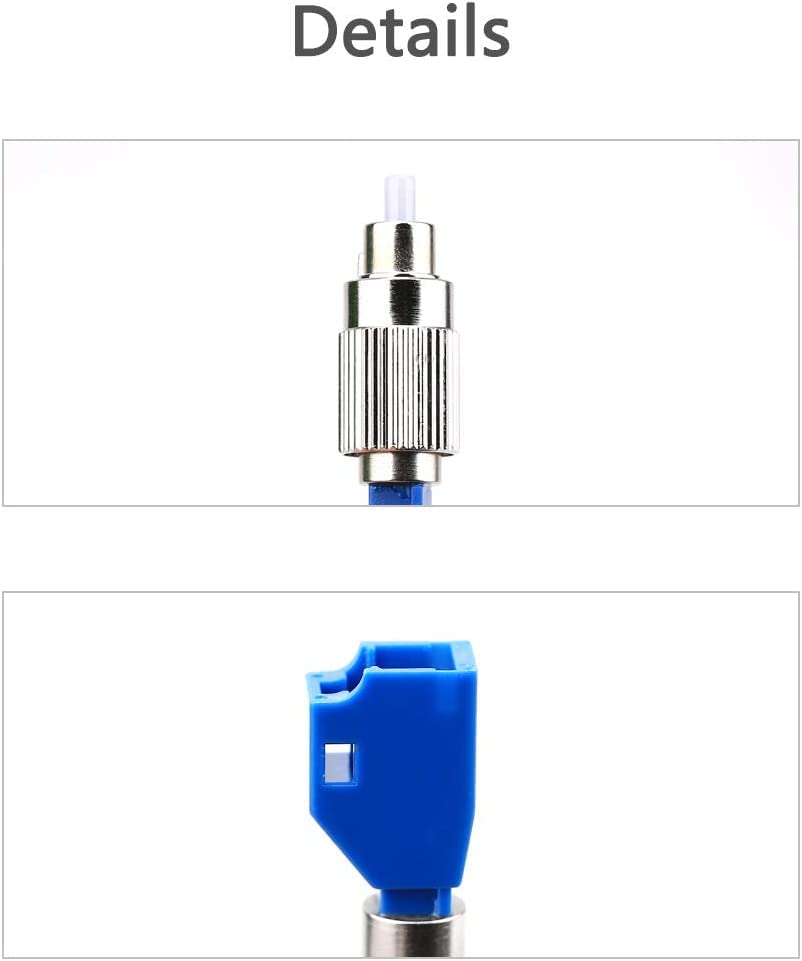 Close-up image showing details of the FIBAsource FTTH Optical 2.5mm to 1.25mm FC Male to LC Female Fiber Optic Adapter Coupler by FIBAsource Ltd, featuring two sections: one highlighting the metallic connector tip and the other focusing on the blue plastic casing, essential for efficient fibre optic communication.