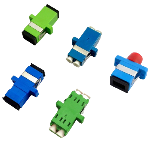 Five vibrant couplers from the Fibre Optic Coupler Series by FIBAsource Ltd are displayed on a white background: two green, two blue, and one red with blue. These couplers resemble patch panel adapters with distinctive shapes and connectors, arranged in an intriguing pattern across the surface.