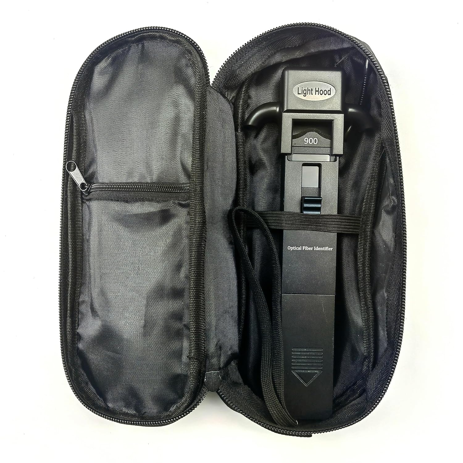 A Portable Optical Fibre Identifier Live Fibre Optic Cable Tester by FIBAsource Ltd is placed in an open black zippered case featuring a left compartment. Labeled with a Light Hood and 90D visible, it assists in optical signal detection. The interior is lined with dark fabric, making it ideal for fibre network testing essentials.
