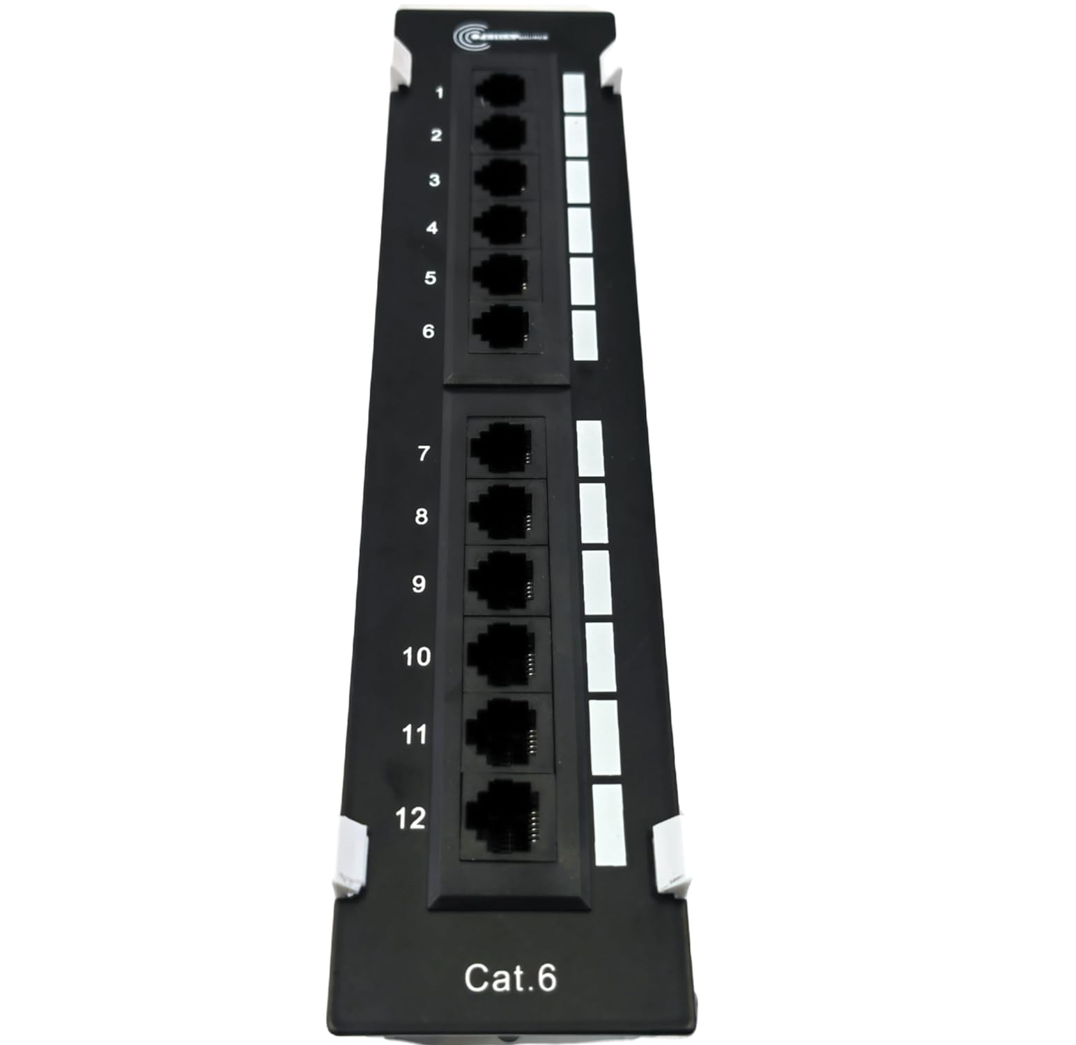 Front view FIBAsource black 12-port patch panel with numbered RJ45 ports for ethernet cable connections, designed for network cable management and structured cabling in data centres and server rooms.