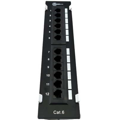 Front view FIBAsource black 12-port patch panel with numbered RJ45 ports for ethernet cable connections, designed for network cable management and structured cabling in data centres and server rooms.