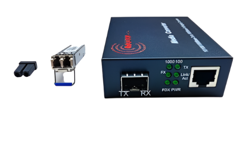 A SFP Ethernet Media Converter with POE Function from FIBAsource Ltd, equipped with multiple ports such as Ethernet and fiber optic connections, rests on a white surface. Next to it are a power adapter and a small connectivity attachment that support transmission rates of 100/1000Mbps.