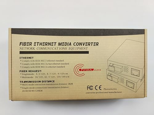 The cardboard box for the FIBAsource Ltd SFP Ethernet Media Converter with POE Function highlights specifications such as 100/1000Mbps transmission speeds, compliance with IEEE 802.3 Ethernet standards, fiber requirements, and low power dissipation. The packaging includes text and graphics associated with networking equipment.